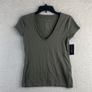NWT INC Womens Olive Green 100% Cotton V-Neck Cap Sleeve T-Shirt XS XSMALL